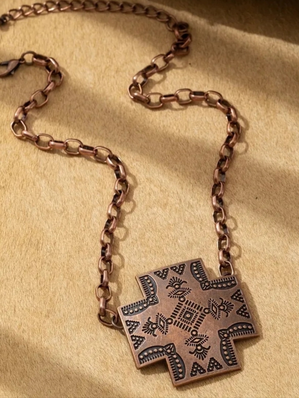 New Western Boho Copper Cross Pendant Necklace 16in